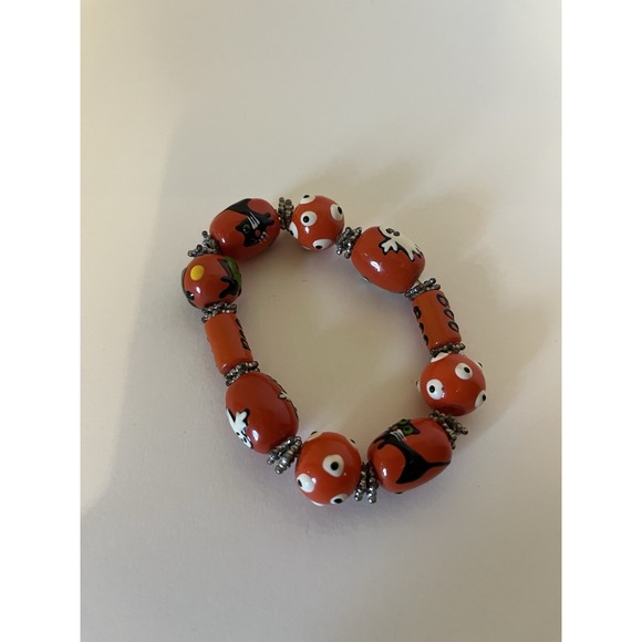 Handmade Halloween Lampwork Glass Bead Stretch Bracelet Ghosts Black Cats Boo - Picture 2 of 5